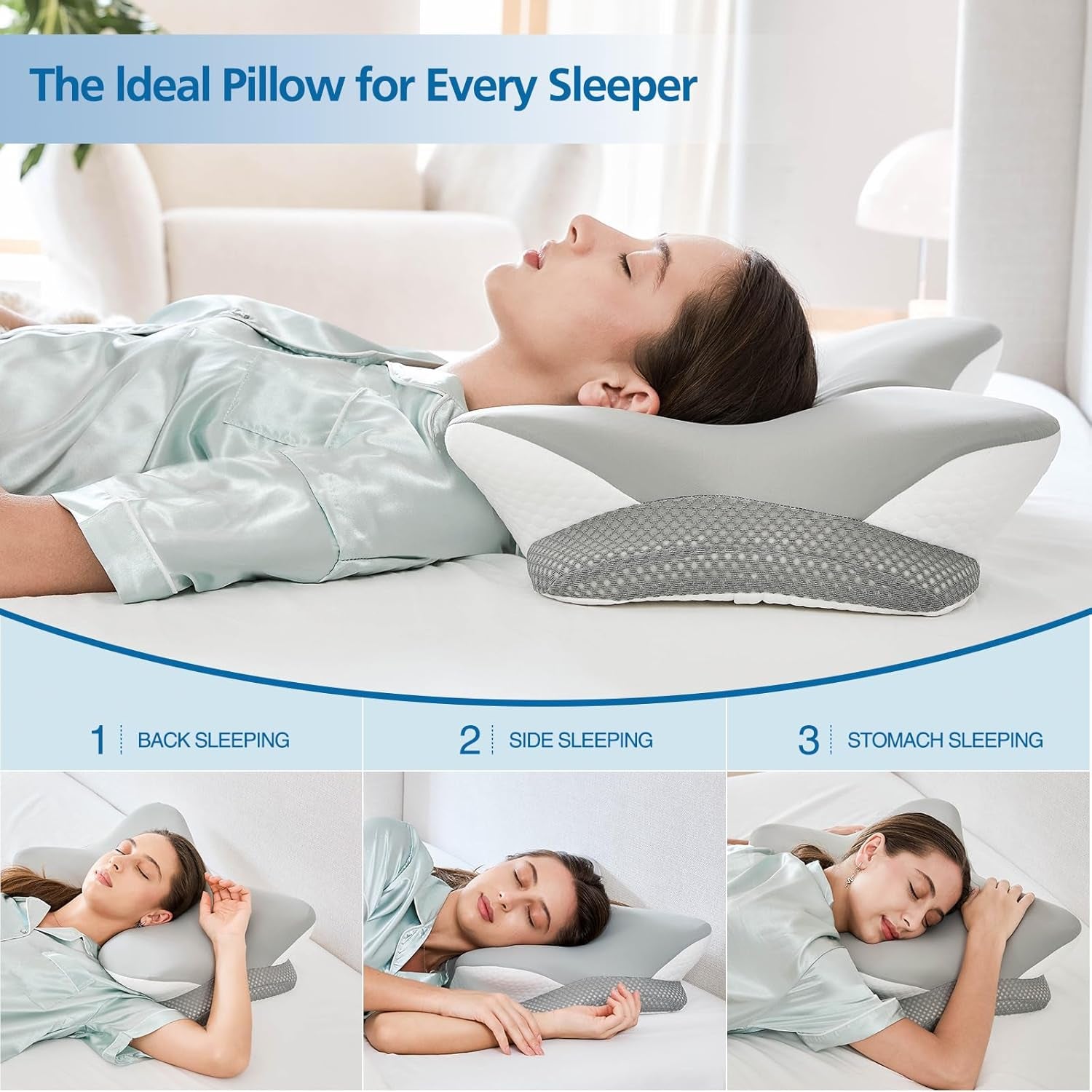 Ergonomic Memory Foam Cervical Pillow for Neck Pain Relief - Contour Design with Dual Heights for Side/Back/Stomach Sleepers with Washable Breathable Pillowcas